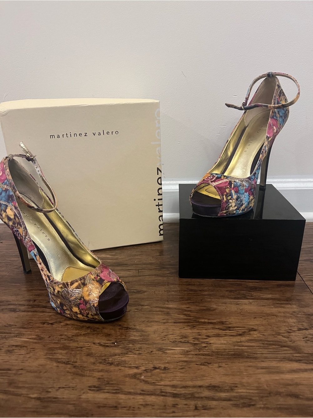 Martinez Valero Multicolor Floral Peep-Toe Ankle Strap Heels